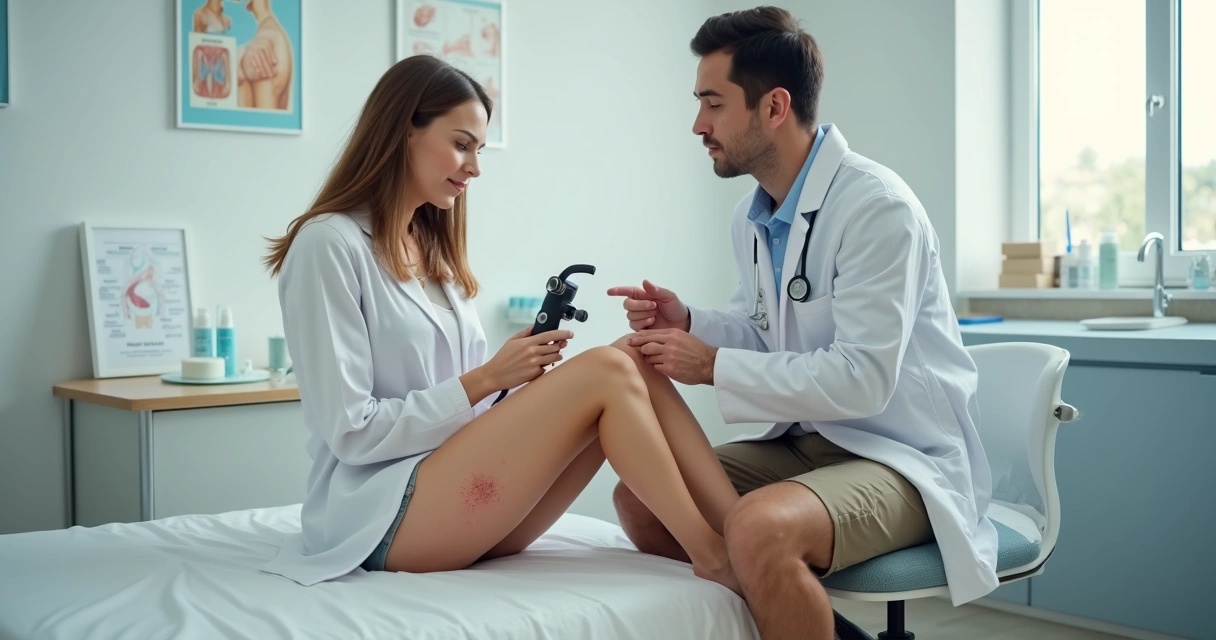 Dermatologista examinando foliculite nas pernas de paciente em consultório