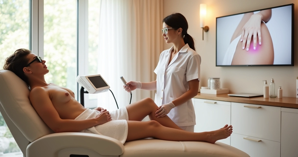 Paciente tranquila realizando depilação a laser nas pernas em clínica dermatológica moderna