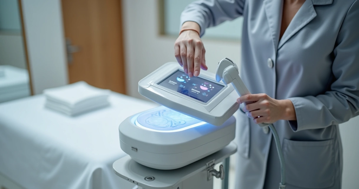 Dermatologista ajustando equipamento de laser de diodo em clínica moderna de depilação