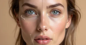 Rosto feminino com destaque em perfil evidenciando contornos faciais suaves