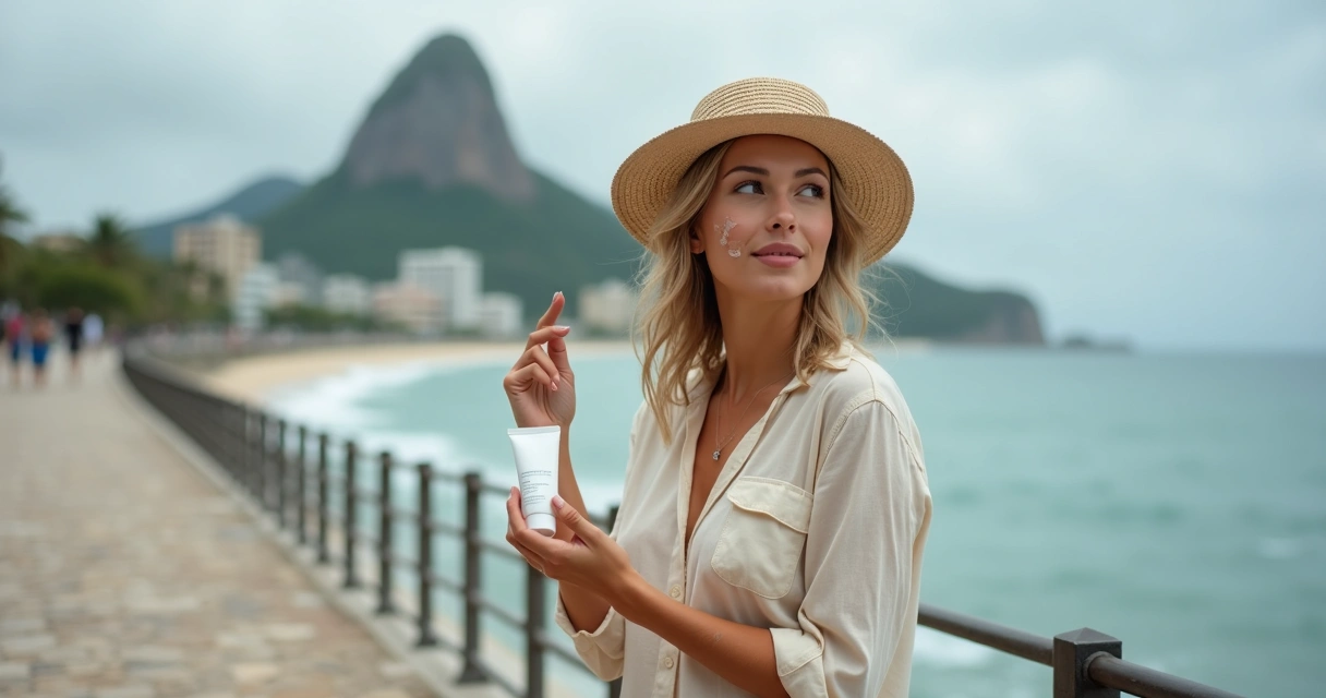 Mulher aplicando protetor solar no rosto em calçadão à beira-mar em dia nublado