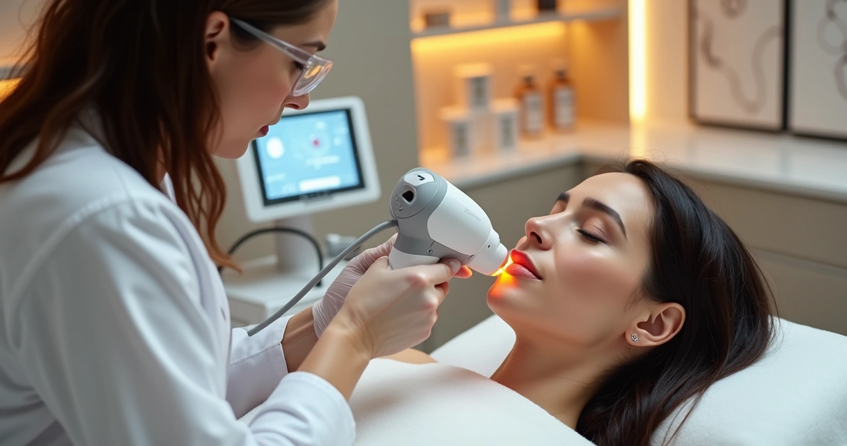Aplicação de radiofrequência no rosto em clínica dermatológica moderna