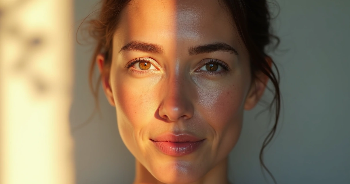 Metade do rosto feminino em luz solar forte e metade em sombra representando fotoenvelhecimento