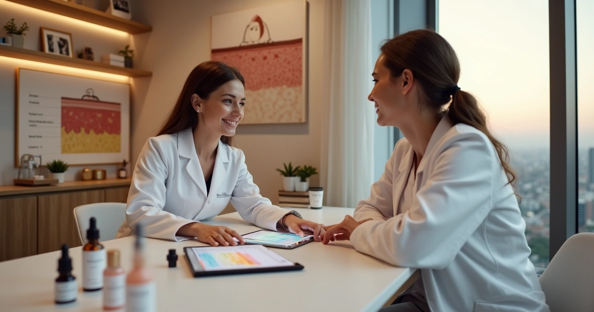 Dermatologista explicando diferentes retinoides para paciente em consulta de pele