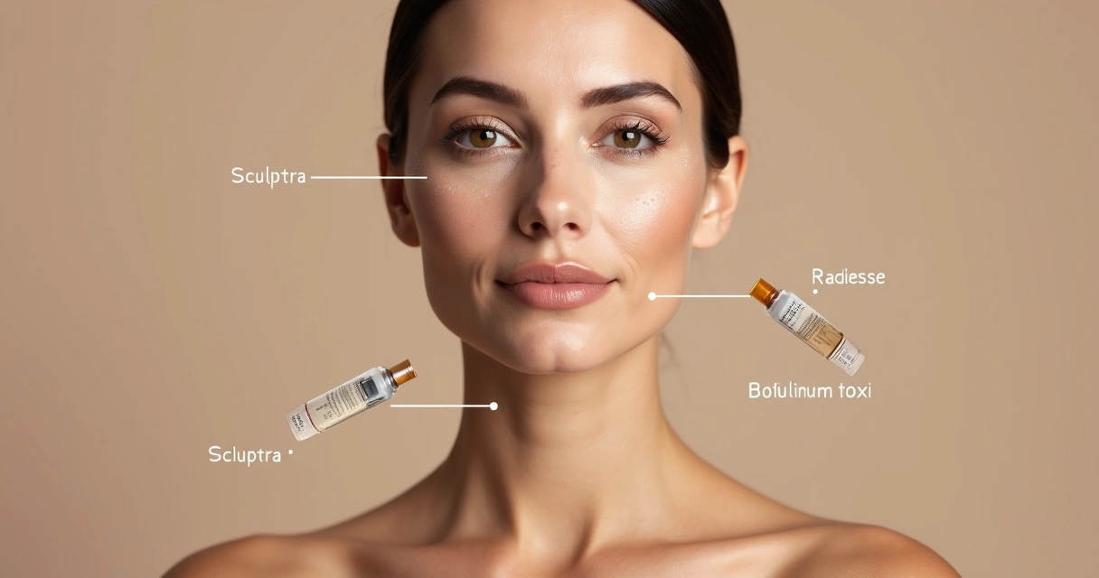 Metade do rosto com esquema de sculptra radiesse e botox desenhado na pele