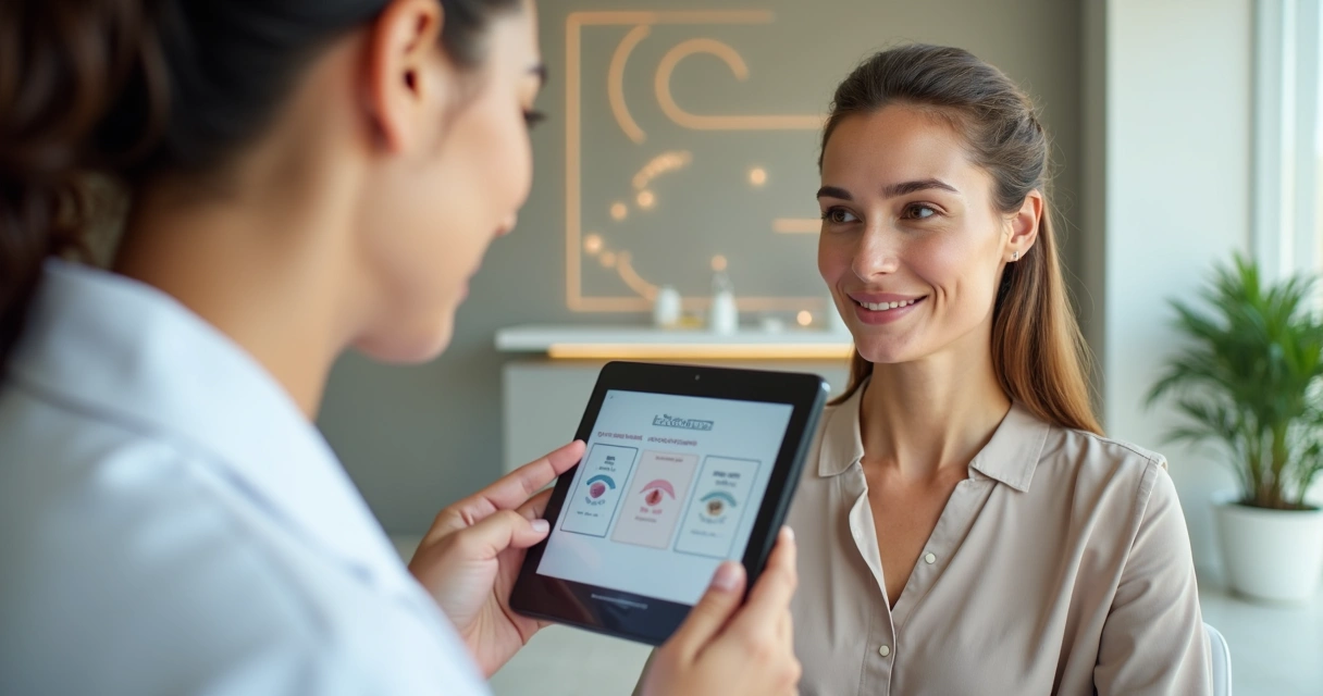 Dermatologista apresenta comparação de três tratamentos faciais em tablet para paciente em consultório moderno
