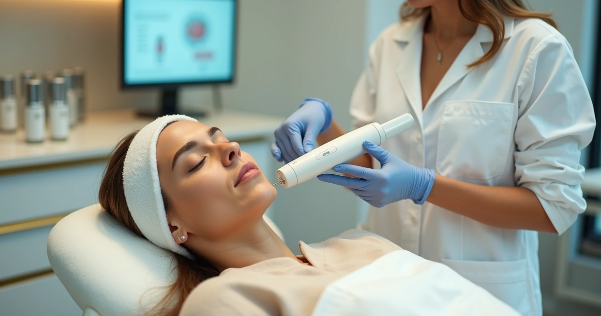 Dermatologista realizando microagulhamento no rosto de paciente em clínica moderna