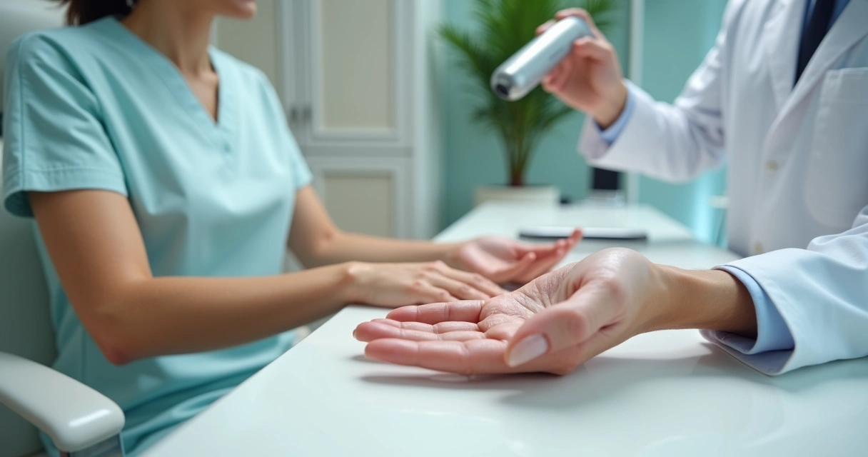 Paciente com suor excessivo nas mãos sendo avaliado por dermatologista em clínica moderna