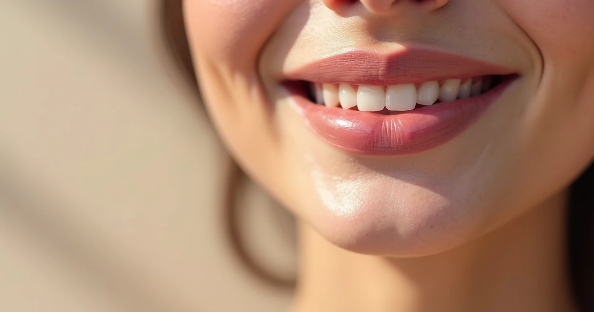 Close-up de sorriso feminino mostrando lábios suaves com volume natural