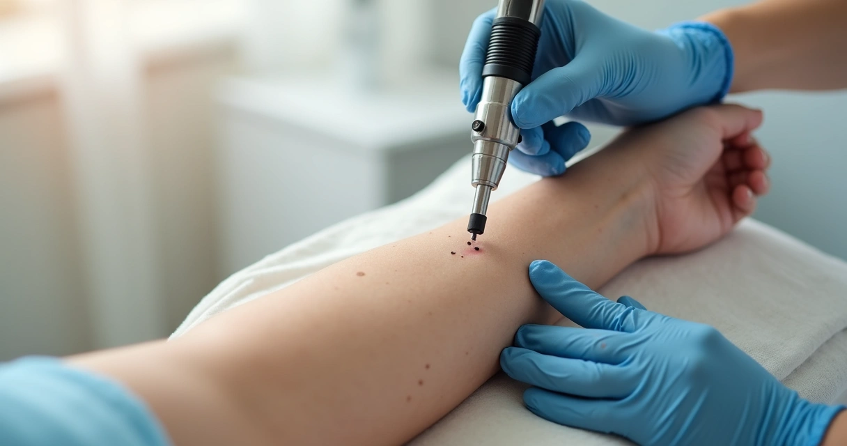 Dermatologista usando dermatoscópio para avaliar sinal pequeno no braço de paciente