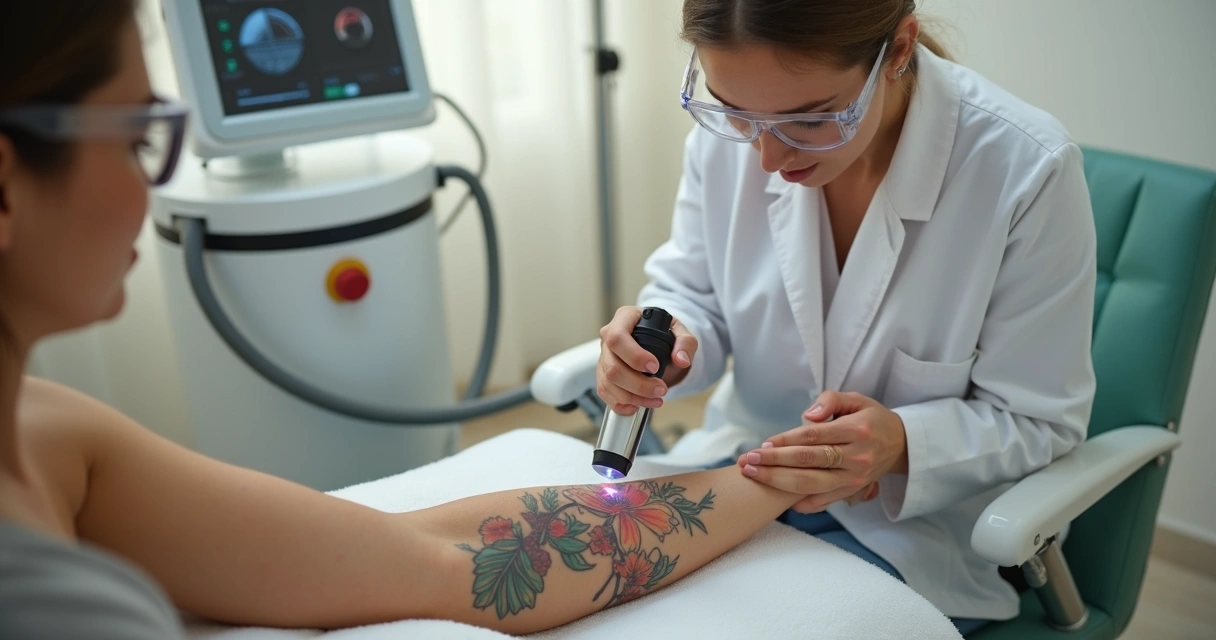 Sessão de laser removendo tatuagem colorida no braço de paciente