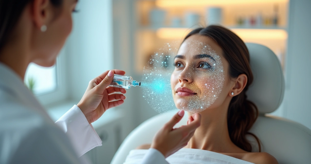 DerMatologista segura frasco com exossomos mostrado em tela facial holográfica