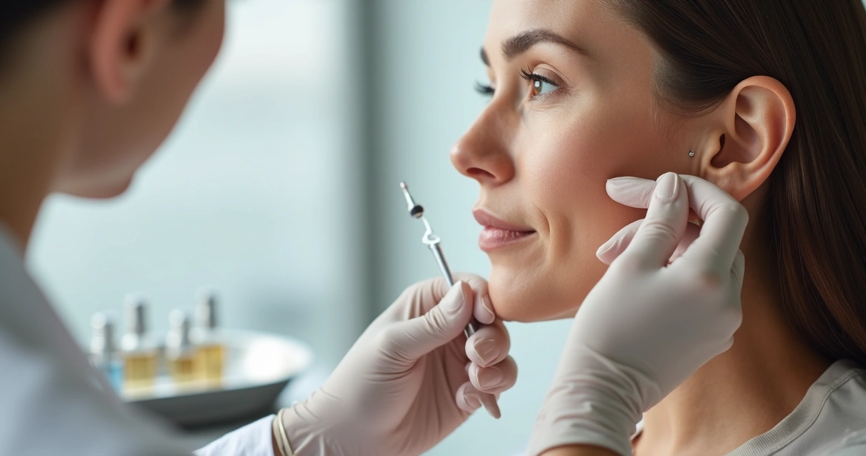 Close-up de orelha feminina sendo marcada para tratamento estético em clínica moderna