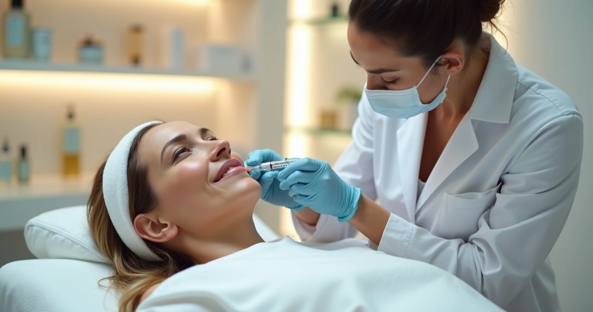 Aplicação de tratamento biomolecular com PDRN no rosto de paciente em clínica dermatológica moderna