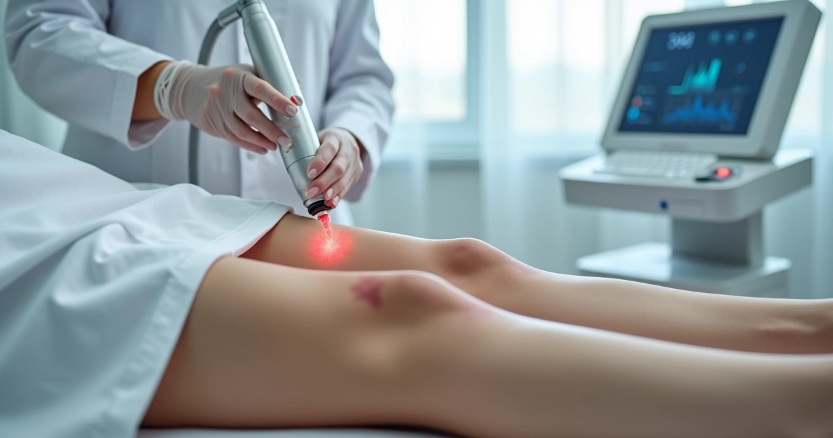 Detalhe de perna com lesões vasculares sendo tratadas com laser em consultório dermatológico
