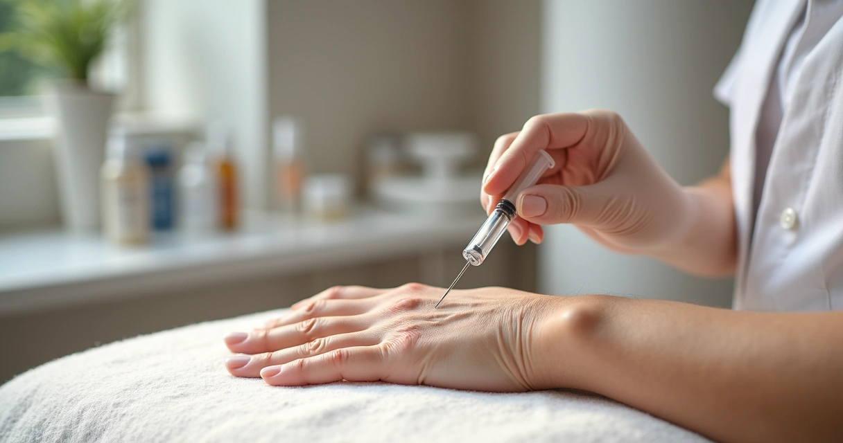 Dermatologista aplicando preenchimento nas mãos de paciente em consultório iluminado
