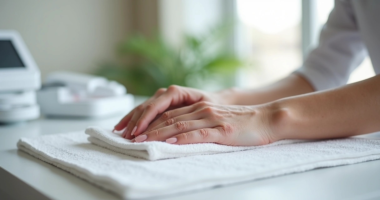 Mãos maduras femininas após rejuvenescimento apoiadas em mesa de clínica dermatológica